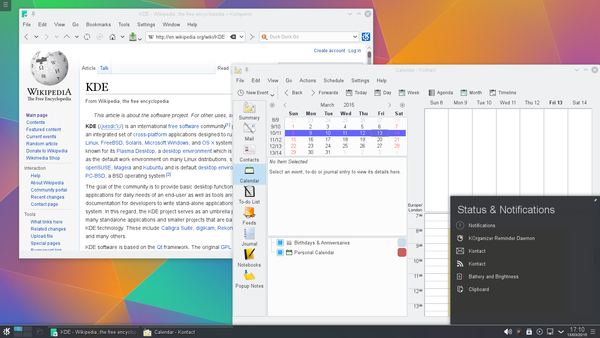 The Kontact personal information manager and Konqueror file manager/web browser running on KDE Plasma 5.2