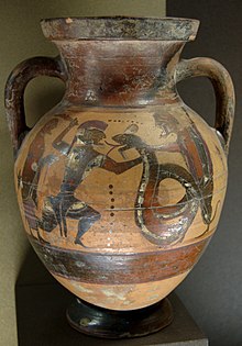 Kadmos and the dragon. Front of a black-figure amphora, circa 560-550 BC. Paris: Louvre. Kadmos dragon Louvre E707 full.jpg