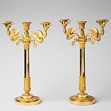 A pair of candelabras with three branches, empty of candles. Kandelabrar, sengustavianskt Stockholmsarbete.jpg