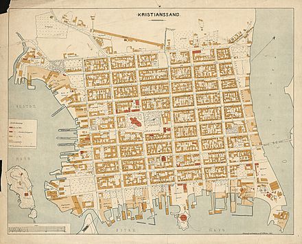 Map of downtown Kristiansand from 1887