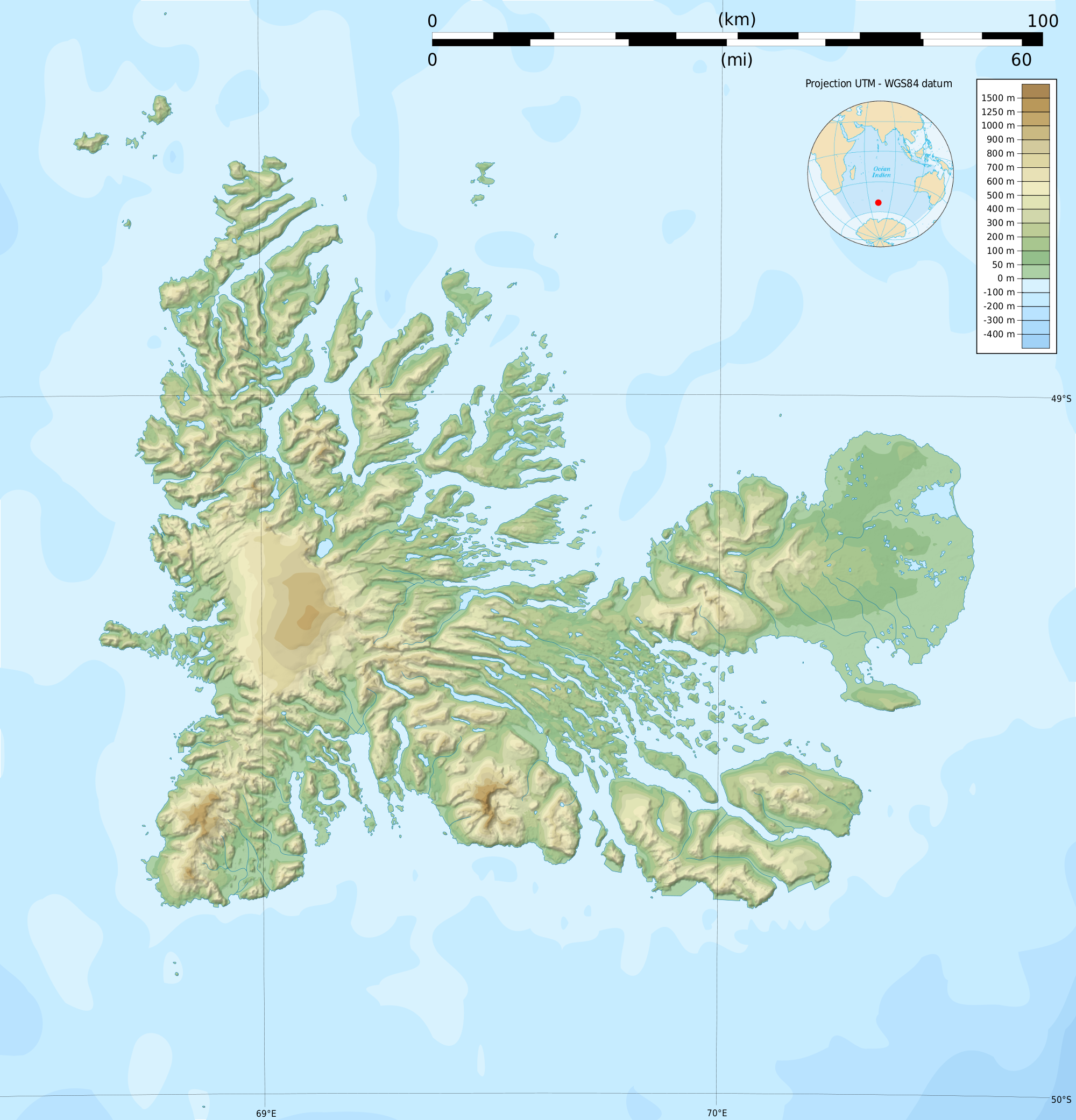Detailed topography of the Kerguelen Islands, a French territory in the south Indian Ocean ...