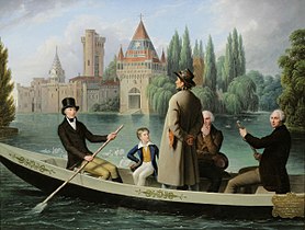 L'empereur François-Joseph Ier transbordant un homme sur l'étang de Laxenburg (ca. 1837), château d'Artstetten (Basse-Autriche)