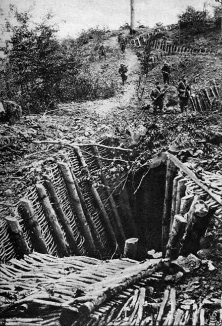 An example of the deep, fortified trenches facing the 32nd Div. along the Kriemhilde Stellung portion of the German Hindenburg Line, from the area of 