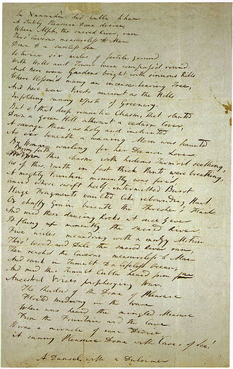 Draft of "Kubla Khan" by Samuel Taylor Coleridge: written 1797; first published 1816 KublaKhan.jpeg