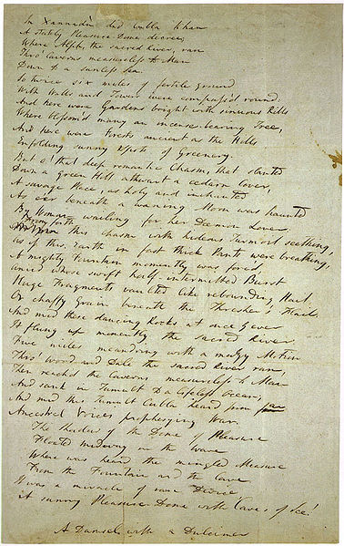 Draft of "Kubla Khan" by Samuel Taylor Coleridge: written 1797; first published 1816