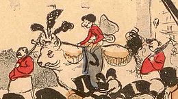 Image en couleur d'un bœuf surmonté d'un enfant en Amour et encadré de deux gros hommes portant une massue