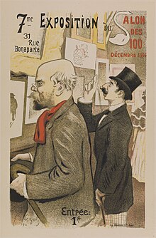 Poster for an 1894 commercial art exhibition in Partis; the poet Paul Verlaine at left, Jean Moreas right. Les Maitres de l'Affiche -7e Exposition du Salon des Cent' (bgw20 0313).jpg