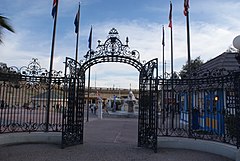 Another view of the gates in Lake Havasu City. At the top of the gates the date 1862 can be seen which is when Nesfield completed the Witley Court gardens.