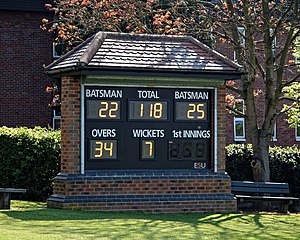 A scoreboard showing the total runs scored and wickets lost Loughton Cricket Club ground scoreboard at Loughton, Essex, England.jpg