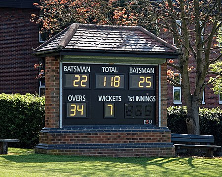 A scoreboard showing the total runs scored and wickets lost Loughton Cricket Club ground scoreboard at Loughton, Essex, England.jpg