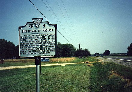 Virginia historic marker for Birthplace of President James Madison in Port Conway, Virginia.