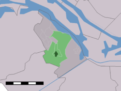 La vilaĝcentro (malhelverda) kaj la statistika distrikto (helverda) de Vierpolders en la municipo de Brielle.