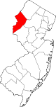 Mapa de Nova Jersey coa localización do condado de Warren