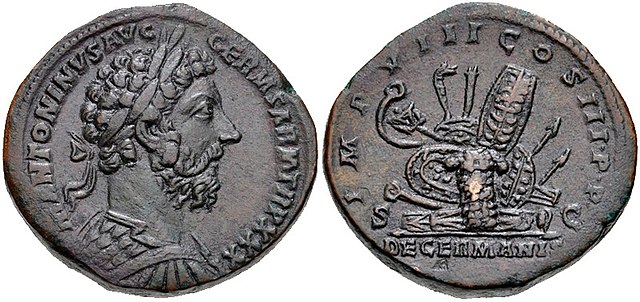 A Roman coin commemorating the victories of Marcus Aurelius in the Marcomannic Wars against the Germanic tribes along the Danube frontier in the early