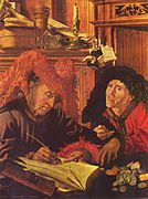 Los dos prestamistas, de Marinus van Reymerswaele, ca. 1540. Compárese con El cambista y su mujer, de Quentin Massys, ca. 1514.