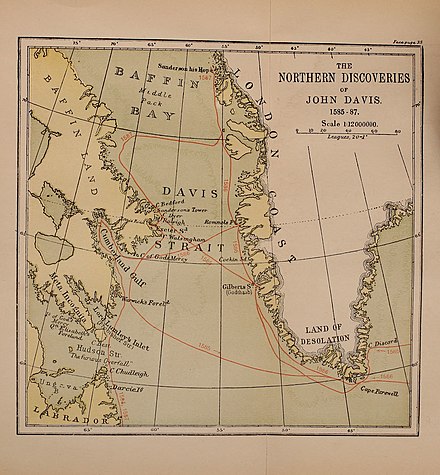 Map showing Davis's northern voyages. From A life of John Davis, the navigator[3]