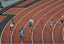 Yousef Ahmed Masrahi (outer left lane) of Saudi Arabia in the 400 m semi-finals at the 2012 London Olympics Mens 400m semi final 3 - 2012 Summer Olympics.jpg