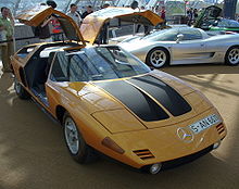 The Mercedes-Benz C111, with its gullwing doors ajar. This Wankel engined concept car was one of Sacco's projects prior to his ascension to chief stylist at Daimler-Benz. Mercedes-Benz C111.JPG