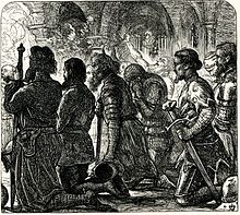 Beaumanoir's knights kneel in prayer before battle. Illustration by J. E. Millais to Tom Taylor's translation of a Breton language ballad in Barzaz Breiz Millais combat.jpg