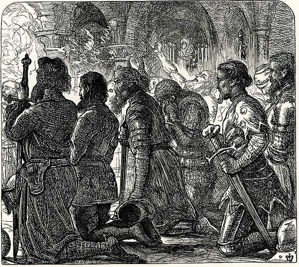 Beaumanoir's knights kneel in prayer before battle. Illustration by J. E. Millais to Tom Taylor's translation of a Breton language ballad in Barzaz Br