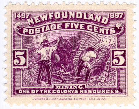 Колония Ньюфаундленд[en] (1897, из серии к 500-летию открытия Америки): номинал в 5 пенсов. Горная промышленность