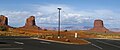 The view from Monument Valley Visitor Center parking lot looking west-southwest at Gray Whiskers (left) and Mitchell Butte (right).