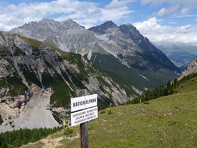 Gratweg zum Mot Tavrü mit markierter Grenze zum Schweizer Nationalpark, unten ursprüngliche Täler oberhalb von Scuol. A view down to valleys of Swiss National Park.