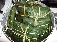 Nicaraguan Nacatamales, in banana leaves, ready to be steamed
