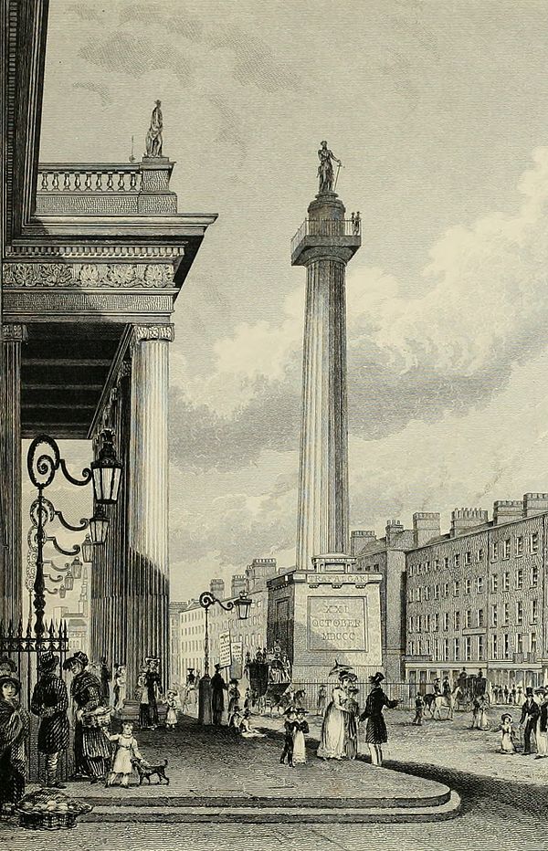 The GPO (left) and Nelson's Pillar in Dublin, c. 1830