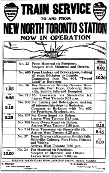 Schedule for the new station, June 15, 1916 New North Toronto Station schedule.png