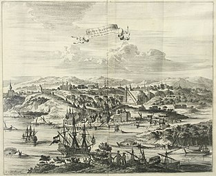 La nave "Eagle" vicino a Nizhny Novgorod su un'incisione dal libro "Viaggi molto curiosi e gloriosi in Moscovia, Tartaria e Persia del signor Adam Olearius ..."[38].  Amsterdam, 1727