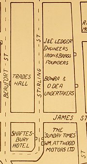 Location of foundry in Pier Street block north of the Perth Railway Station in 1933 North of Railway Station 1929-1933 Beaufort to Pier Block.jpg