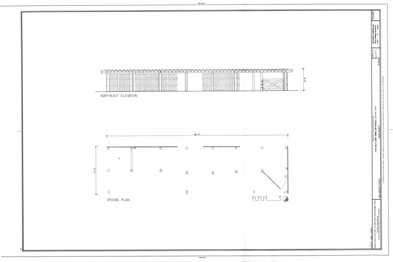 File:Northeast elevation, plan - Five Mile Camp (Wine Cup Ranch), Loafing Shed, San Jacinto, Elko County, NV HABS NV-57-C (sheet 1 of 1).tif