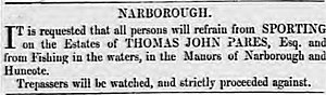 Notice of ownership of Thomas John Pares in 1847 Notice of ownership of Narborough Hall 1847.jpg