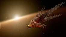 Davanti al Sole sullo sfondo sono sparsi tanti piccoli oggetti e, in primo piano, dal fumo fuoriesce un planetesimo incandescente.