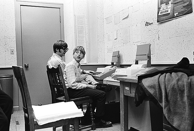 Gates (right) with Paul Allen seated at Teletype Model 33 ASR terminals in Lakeside School, 1970