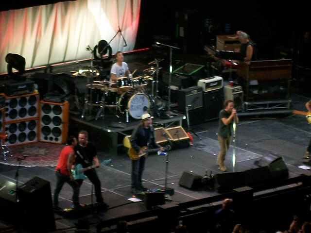 Pearl Jam with Neil Young (centre) at the Air Canada Centre, Toronto, Canada on September 11, 2011