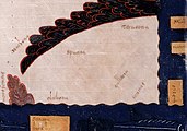 Ano 1047. Fragmento do mapa de Fernando e Sancha.[318] Pertencente á saga cartográfica dos "beatos" foi elaborado para a educación dos fillos dos reis. Gallecia figura no noroeste peninsular con Asturias no seu interior.