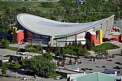 The Scotiabank Saddledome arena has a hyperbolic paraboloid saddle roof, Calgary, Canada, 1983.