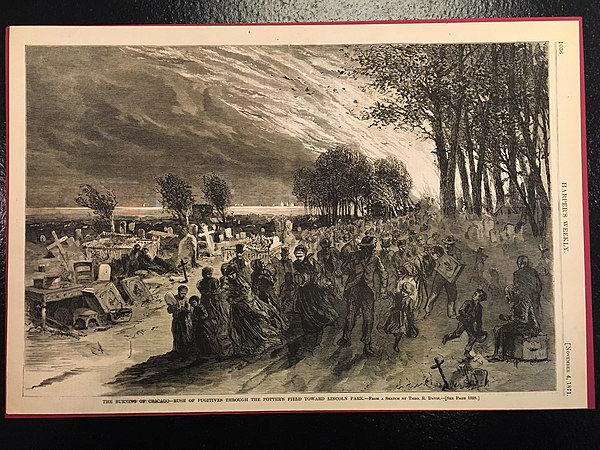 Image from Harper's Weekly of people escaping the Great Chicago Fire by fleeing to the cemetery in Lincoln Park