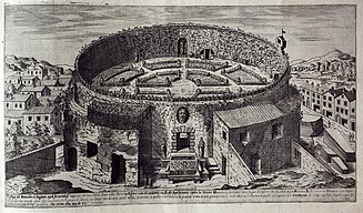 An engraving from I vestigi dell'antichita di Roma by Etienne Duperac (1575), showing the gardens in the interior of the Mausoleum. Peracvestigi157537.jpg