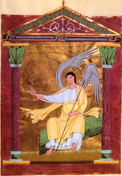 Folio 117r of the Pericopes of Henry II, Reichenau, c. 1002–1012: the Angel on the Tomb. The facing folio, 116v, contains an illumination of the three