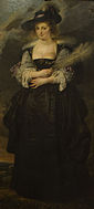Portrait of Helena Fourment . 1635-1650. oil on panelmedium QS:P186,Q296955;P186,Q106857709,P518,Q861259. 187 × 86 cm (73.6 × 33.8 in). Lisbon, Museu Calouste Gulbenkian.