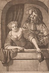 Young Man and Woman Leaning out of Window