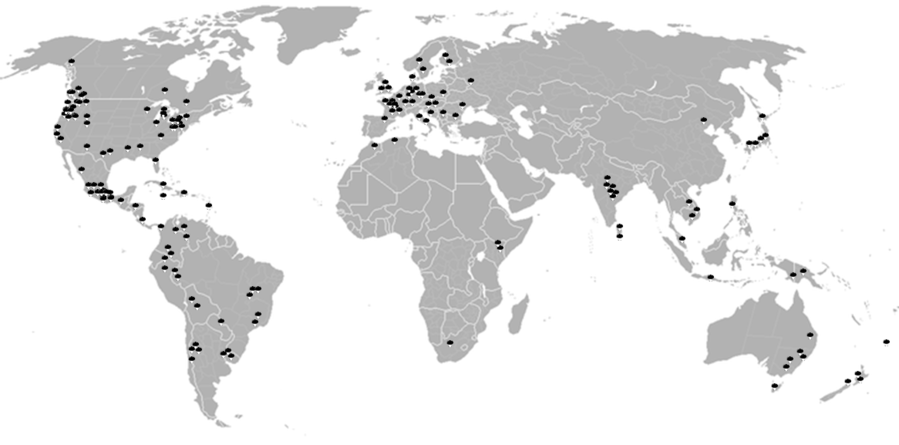 Global distribution of over 100 psychoactive species of genus Psilocybe mushrooms.[13]: 207 