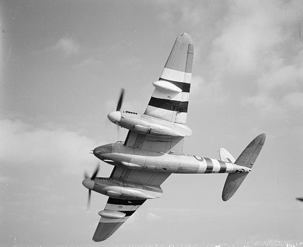 Mosquito FB Mark XVIII, NT225 O, of No. 248 Squadron RAF Special Detachment based at RAF Portreath, Cornwall, banking away from the camera while in fl