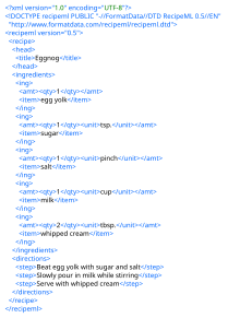 Example of RecipeML, a simple markup language based on XML for creating recipes. The markup can be converted programmatically for display into, for example, HTML, PDF or Rich Text Format. RecipeML egg nog.svg