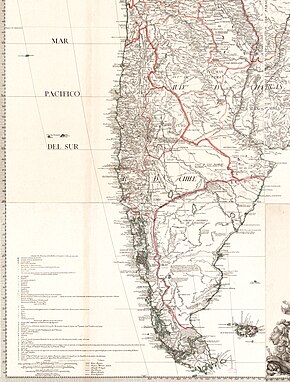 Kingdom of Chile according to Juan de la Cruz Cano y Olmedilla, 1775. The area of the kingdom that was already settled in that year is called "Old Chile" and those yet to be settled, which included the whole of Patagonia, were called "Modern Chile" Reino de Chile segun Juan de la Cruz Cano y Olmedilla, 1775.jpg