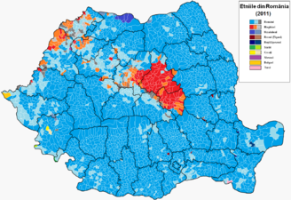 Distribution of predominant ethnic groups in Romania according to the 2011 census