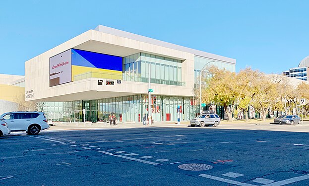 Royal Alberta Museum, with Ukrainian flag displayed on LCD screen in solidarity with Ukraine